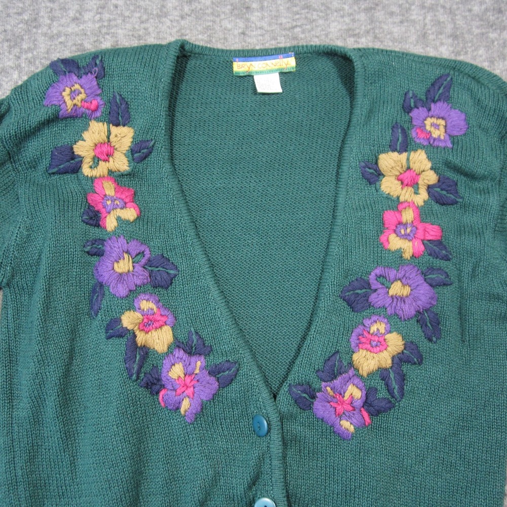 Vtg Bryn Connelly Cardigan S Green‎ Floral Embroidered Grandma Cottage Spring - Picture 6 of 10